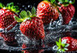 Fresh strawberries splashing in water on black background