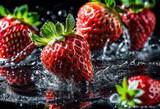Fototapeta Pomosty - Fresh strawberries splashing in water on black background