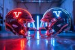 High energy, American football helmets facing off with dynamic lighting highlighting the VS sign, exuding power and rivalry