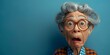 Surprised and Astonished Elderly Woman with Curly Gray Hair and Round Glasses in a Plaid Shirt Looking Shocked and Bewildered with a Look of