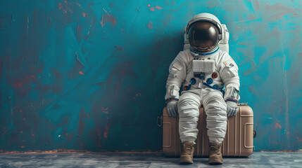 Wall Mural - astronaut in spacesuit and with baggage suitcase, space exploration and discovery concept, travel and journeys
