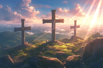 Wall Mural - three crosses on the hill of calisons with beams coming out from behind them, with light rays shining down and clouds in background