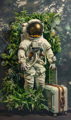 Wall Mural - astronaut in spacesuit and with baggage suitcase, space exploration and discovery concept, travel and journeys