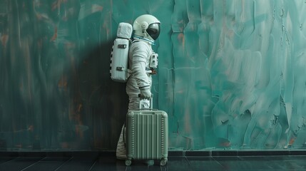 Wall Mural - astronaut in spacesuit and with baggage suitcase, space exploration and discovery concept, travel and journeys