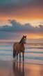 A horse standing on a sandy beach under a cloudy blue-orange sky against a sunset background. Generative AI, Generative, AI