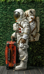 Wall Mural - astronaut in spacesuit and with baggage suitcase, space exploration and discovery concept, travel and journeys
