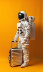 Wall Mural - astronaut in spacesuit and with baggage suitcase, space exploration and discovery concept, travel and journeys