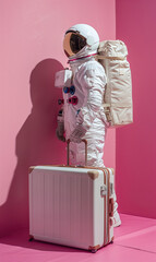 Wall Mural - astronaut in spacesuit and with baggage suitcase, space exploration and discovery concept, travel and journeys