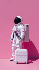 Wall Mural - astronaut in spacesuit and with baggage suitcase, space exploration and discovery concept, travel and journeys