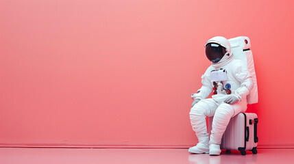 astronaut in spacesuit and with baggage suitcase, space exploration and discovery concept, travel and journeys