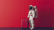 astronaut in spacesuit and with baggage suitcase, space exploration and discovery concept, travel and journeys