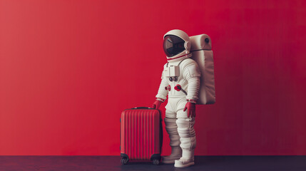 Wall Mural - astronaut in spacesuit and with baggage suitcase, space exploration and discovery concept, travel and journeys