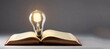Opening book with light bulb. Concept of discovering new ideas, innovation, and educationIncandescent lamp burning above an open book, concept of an idea. generative AI
