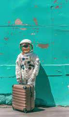 Wall Mural - astronaut in spacesuit and with baggage suitcase, space exploration and discovery concept, travel and journeys