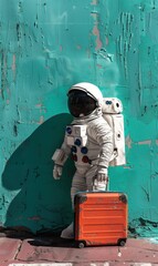 Wall Mural - astronaut in spacesuit and with baggage suitcase, space exploration and discovery concept, travel and journeys