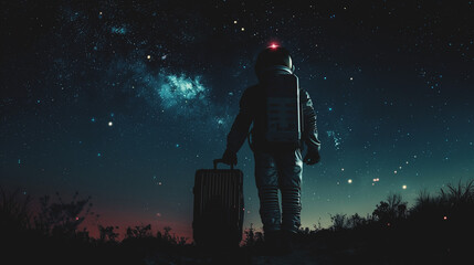 Wall Mural - astronaut in spacesuit and with baggage suitcase, space exploration and discovery concept, travel and journeys
