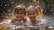 Children happily bathing in the river, smiling as they swim in the fluid water