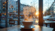 White cup with steaming coffee indoors at sunrise.