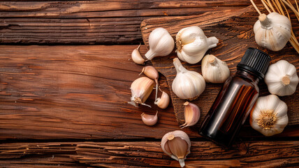 Wall Mural - Garlic essential oil in a bottle. Selective focus.