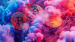 Psychedelic image of bitcoin in purple smoke
