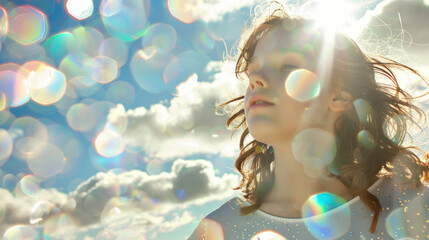 Wall Mural - Portrait of young girl against sun and clouds, innocent soul concept