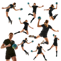 Dynamic collage. Professional handball player in action against white background, exhibiting strength and agility in ball handling. Concept of professional sport, movement, workout, championship. Ad