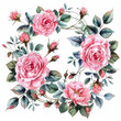 Elegante ghirlanda in stile acquerello con rose vintage dettagliate in piena fioritura, perfetta per inviti e biglietti d'auguri