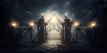 Mystical Gates Under Starry Night Sky: Entrance To The Otherworldly Realm