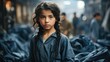 Small Asian girl portrait with blurred textile factory background, Illegal child labour