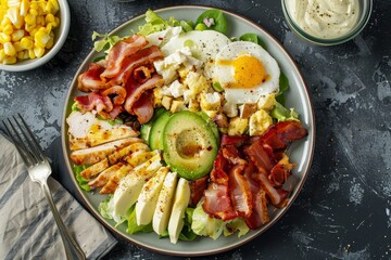 Wall Mural - American Cobb salad served on a table top down view