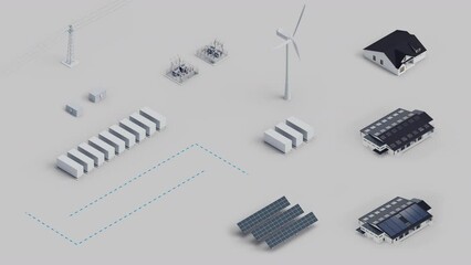 Poster - Renewable energy self-assembly kit. Wind turbine, solar panels, battery storage, substation, pcs or inverter, power lines, warehouse, house, electricity flow lines. Isometric view. Loop video. 4K