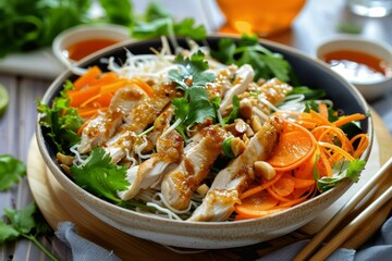 Wall Mural - Asian chicken salad with rice noodles and carrots