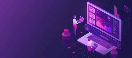 Right aligned Illustration of two people analyzing data on a large screen and laptop in an isometric view, depicting data analysis, technology, and modern work environment