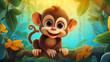 Cartoon monkey sitting on a branch in a Blooms  jungle with flowers with  dark background