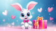  Cute Cartoon Rabbit With Very Big Eyes with small heart and gift box background 
