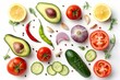 © LimeSky - Avocado onion tomatoes chilly pepper cucumber garlic and lemon arranged creatively Flat lay Food concept Vegetables on white background