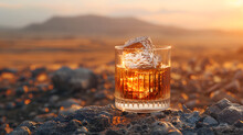 A Glass Of Whiskey With An Ice Cube Sits On A Surface With A Sunset In The Background. The Sky Is Orange And Blue