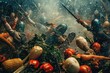 Historical battle scene with warriors wielding weapons forged from hardened vegetables