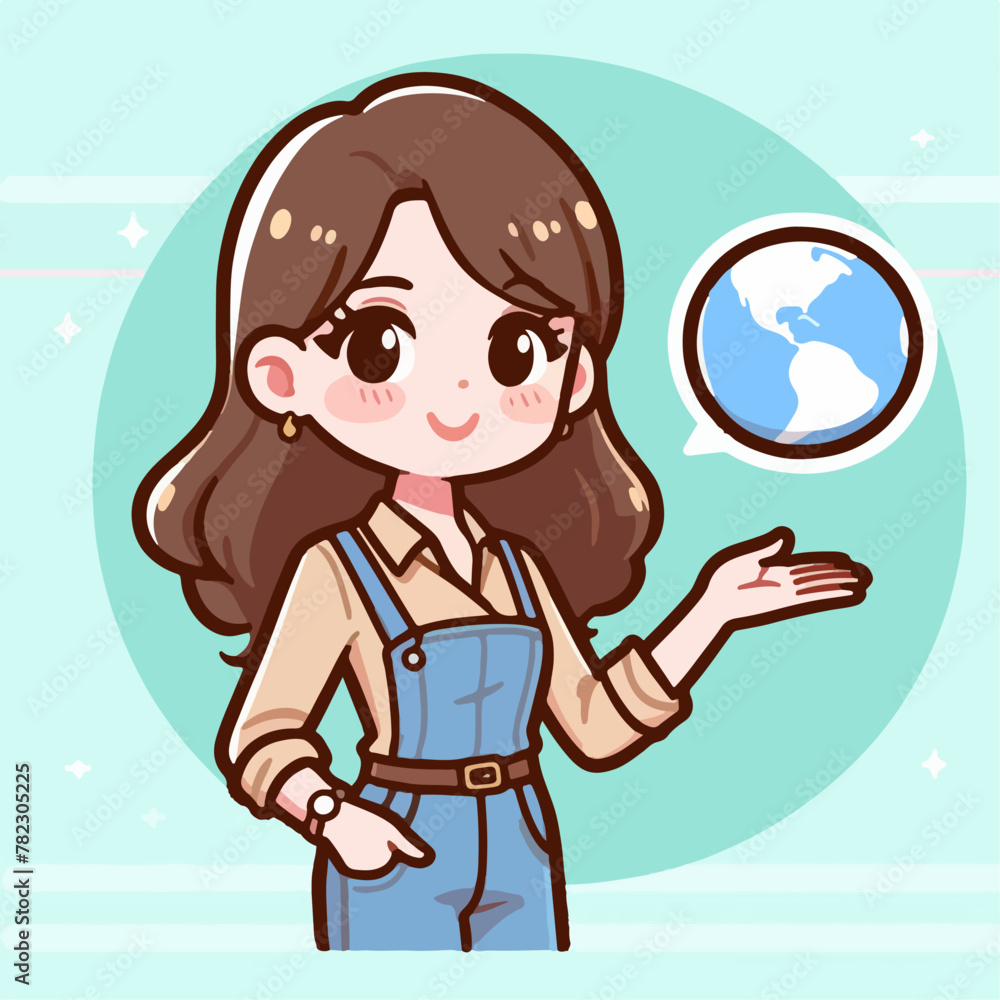 Female guide vector creates cartoon illustrations with hand gestures ...