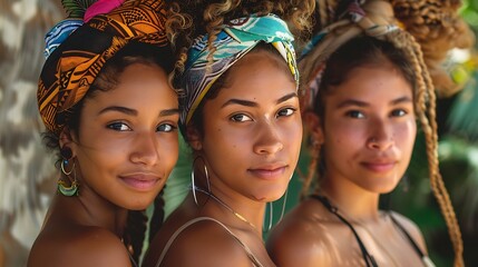 Women of Dominican Republic. Women of the World. Three young women with colorful headscarves smiling outdoors exuding confidence and togetherness. #wotw