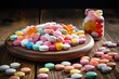 Tablet Candies on Wooden Table Background, Compressed Sugar Powder Confectionery Pattern