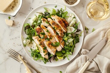 Canvas Print - Bird s eye view of chicken Caesar salad with gravy boat utensils wine and space for text