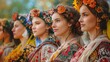 Women of Moldova. Women of the World. A vibrant lineup of women wearing traditional Ukrainian headpieces and embroidered garments, expressing cultural beauty and pride.  #wotw