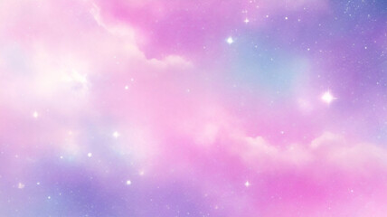 Rainbow unicorn pastel background with glitter stars. Pink fantasy sky. Holographic space with bokeh. Fairy iridescent gradient backdrop. Vector	