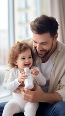 a man and a baby are sitting together, with the baby holding a bottle. the man is smiling and the ba