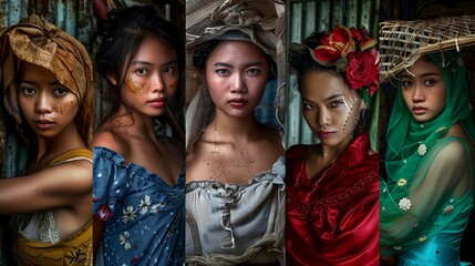 Wall Mural - Women of Philippines. Women of the World. A vibrant collage showcasing five young women in traditional attire, exuding cultural diversity and beauty.  #wotw