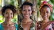 Women of Seychelles. Women of the World. Three smiling women with different hairstyles posing in a lush tropical setting.  #wotw