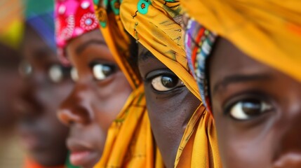 Wall Mural - Women of The Gambia. Women of the World. Portrait of diverse women in colorful traditional headscarves peering out with focused gazes  #wotw