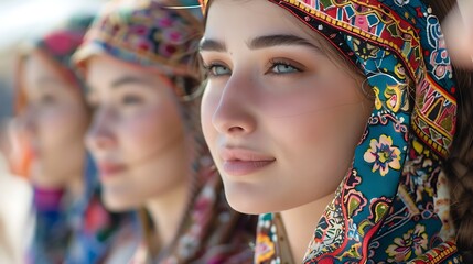 Wall Mural - Women of Turkmenistan. Women of the World. Three young women wearing colorful headscarves gaze into the distance in a display of cultural beauty and fashion.  #wotw