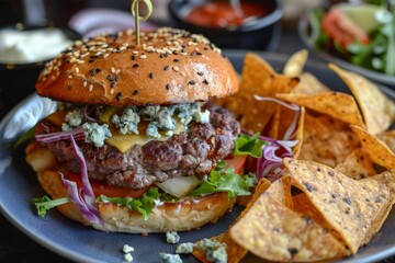 Poster - Blue cheese beef burger with homemade nachos and salad